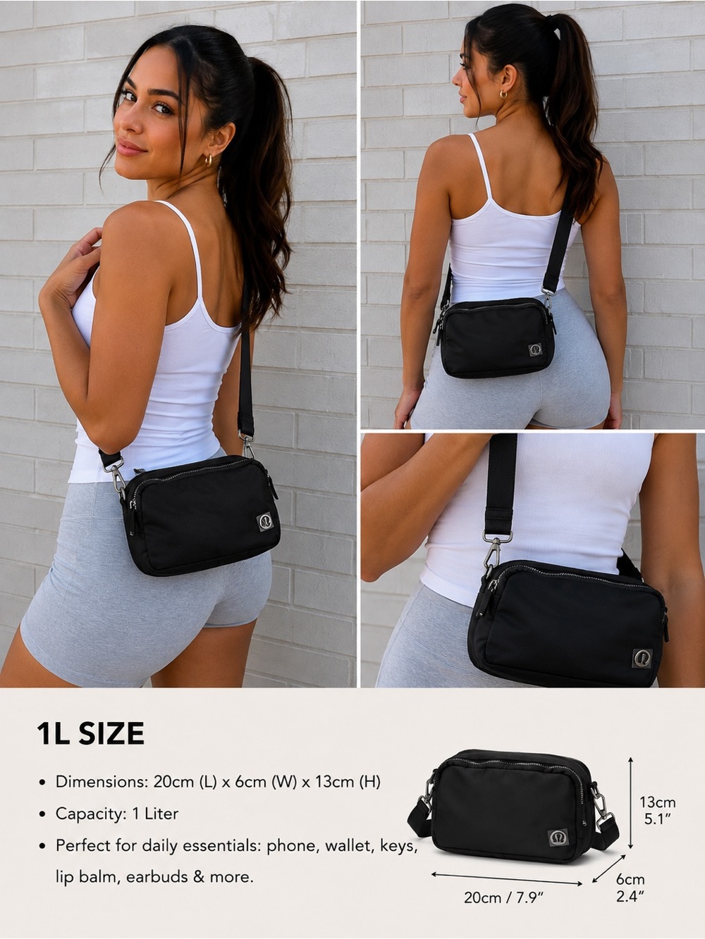 lululemon athletica Black Compact Belt Bag with Detachable Strap